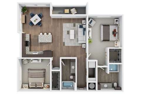 A top-down view of a small apartment layout with a living room, kitchen, and bedrooms.